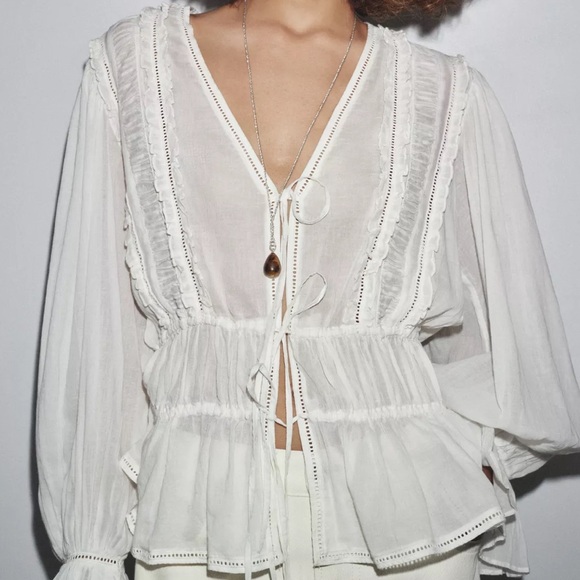 Zara Tops - Zara ZW Romantic Ladder Stitch Blouse Oyster White M NWT